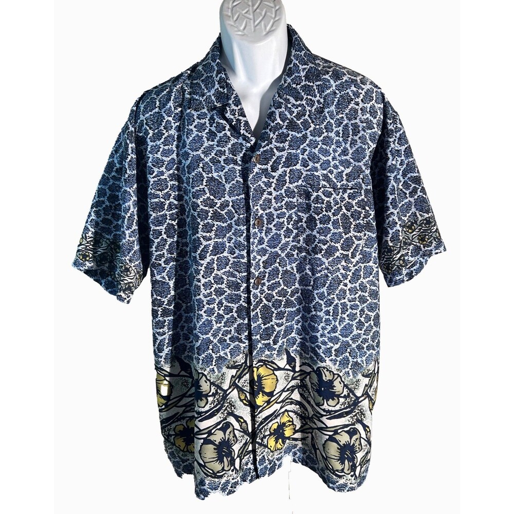 OCEAN CURRENT Men's Short Sleeve Button Down Polyester Shirt Blue White Large